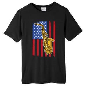 Saxophone American Flag 4th Of July Musical Instrut Cool Gift Tall Fusion ChromaSoft Performance T-Shirt