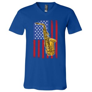 Saxophone American Flag 4th Of July Musical Instrut Cool Gift V-Neck T-Shirt