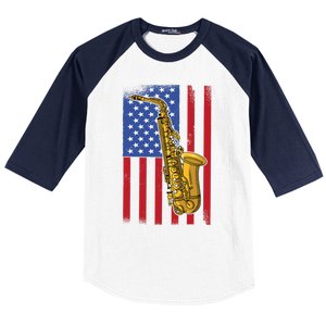 Saxophone American Flag 4th Of July Musical Instrut Cool Gift Baseball Sleeve Shirt