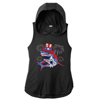 Shark American Flag 4th Of July Jawsome Patriotic Animal Ladies PosiCharge Tri-Blend Wicking Draft Hoodie Tank