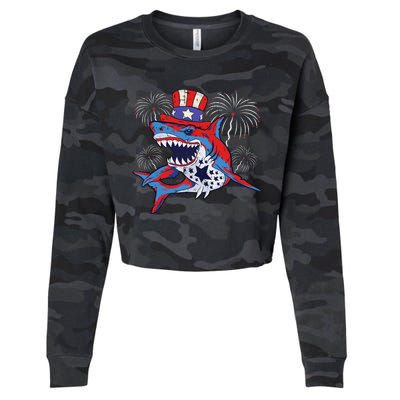 Shark American Flag 4th Of July Jawsome Patriotic Animal Cropped Pullover Crew