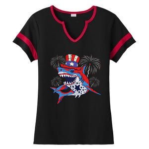 Shark American Flag 4th Of July Jawsome Patriotic Animal Ladies Halftime Notch Neck Tee