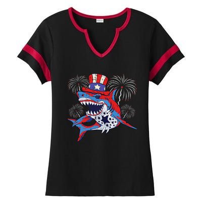 Shark American Flag 4th Of July Jawsome Patriotic Animal Ladies Halftime Notch Neck Tee