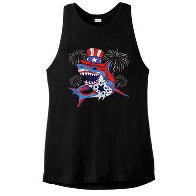 Shark American Flag 4th Of July Jawsome Patriotic Animal Ladies PosiCharge Tri-Blend Wicking Tank