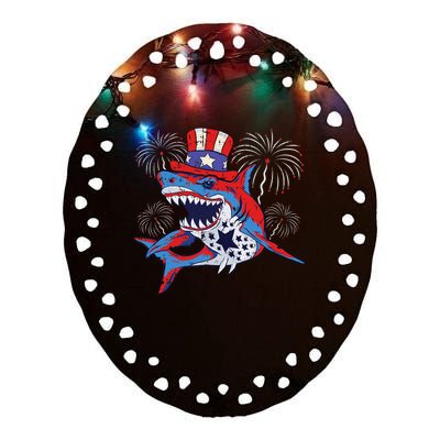 Shark American Flag 4th Of July Jawsome Patriotic Animal Ceramic Oval Ornament