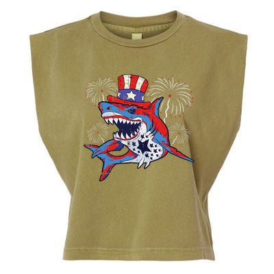 Shark American Flag 4th Of July Jawsome Patriotic Animal Garment-Dyed Women's Muscle Tee