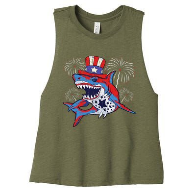 Shark American Flag 4th Of July Jawsome Patriotic Animal Women's Racerback Cropped Tank