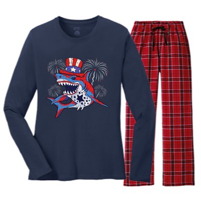 Shark American Flag 4th Of July Jawsome Patriotic Animal Women's Long Sleeve Flannel Pajama Set 