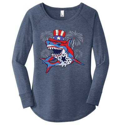 Shark American Flag 4th Of July Jawsome Patriotic Animal Women's Perfect Tri Tunic Long Sleeve Shirt