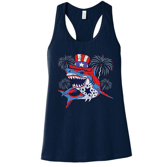 Shark American Flag 4th Of July Jawsome Patriotic Animal Women's Racerback Tank