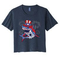 Shark American Flag 4th Of July Jawsome Patriotic Animal Women's Crop Top Tee