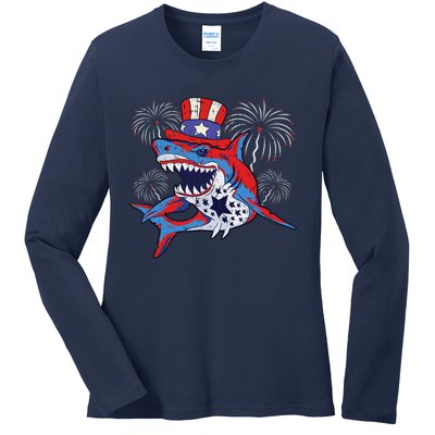 Shark American Flag 4th Of July Jawsome Patriotic Animal Ladies Long Sleeve Shirt