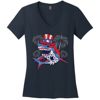 Shark American Flag 4th Of July Jawsome Patriotic Animal Women's V-Neck T-Shirt