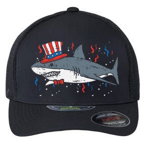 Shark American Flag USA 4th Of July Fourth Patriot Animal Flexfit Unipanel Trucker Cap