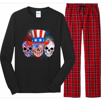 Skull American Flag 4th Of July Patriotic Usa Funny Great Gift Long Sleeve Pajama Set