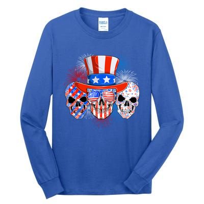 Skull American Flag 4th Of July Patriotic Usa Funny Great Gift Tall Long Sleeve T-Shirt