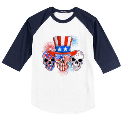 Skull American Flag 4th Of July Patriotic Usa Funny Great Gift Baseball Sleeve Shirt