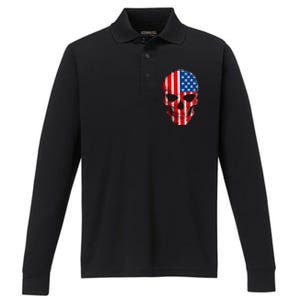 Skull American Flag 4th Of July Usa Patriotic Merica Skull Cool Gift Performance Long Sleeve Polo