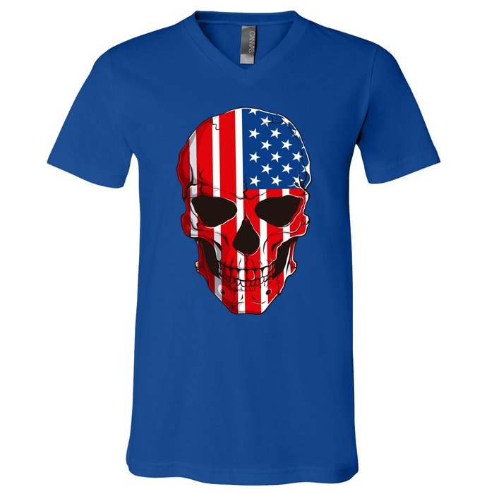 Skull American Flag 4th Of July Usa Patriotic Merica Skull Cool Gift V-Neck T-Shirt