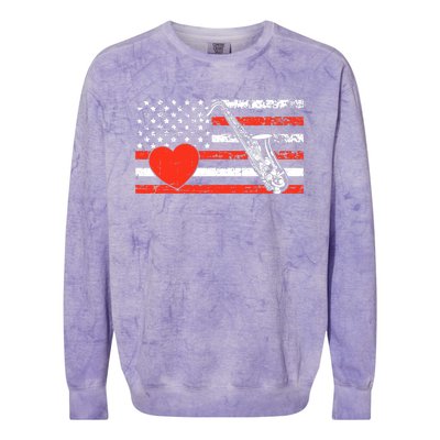 Saxophone American Flag Heart Valentines Day Cool Musician Colorblast Crewneck Sweatshirt