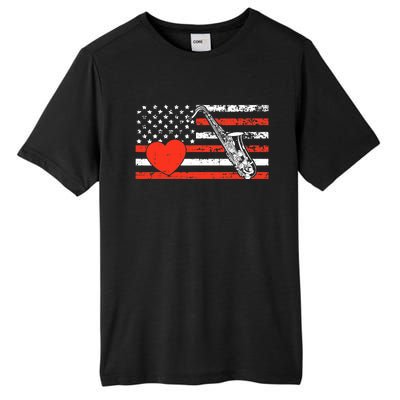 Saxophone American Flag Heart Valentines Day Cool Musician Tall Fusion ChromaSoft Performance T-Shirt