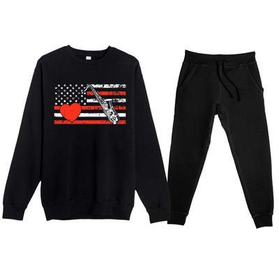 Saxophone American Flag Heart Valentines Day Cool Musician Premium Crewneck Sweatsuit Set