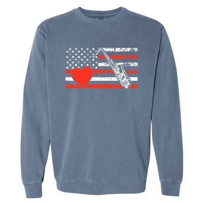 Saxophone American Flag Heart Valentines Day Cool Musician Garment-Dyed Sweatshirt