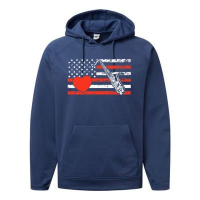 Saxophone American Flag Heart Valentines Day Cool Musician Performance Fleece Hoodie