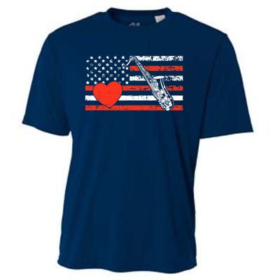 Saxophone American Flag Heart Valentines Day Cool Musician Cooling Performance Crew T-Shirt