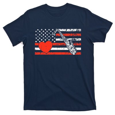 Saxophone American Flag Heart Valentines Day Cool Musician T-Shirt