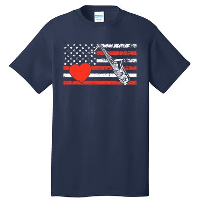 Saxophone American Flag Heart Valentines Day Cool Musician Tall T-Shirt