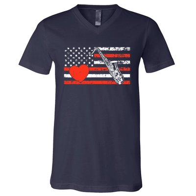 Saxophone American Flag Heart Valentines Day Cool Musician V-Neck T-Shirt