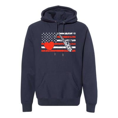 Saxophone American Flag Heart Valentines Day Cool Musician Premium Hoodie