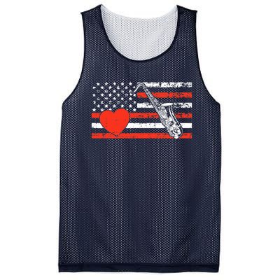 Saxophone American Flag Heart Valentines Day Cool Musician Mesh Reversible Basketball Jersey Tank