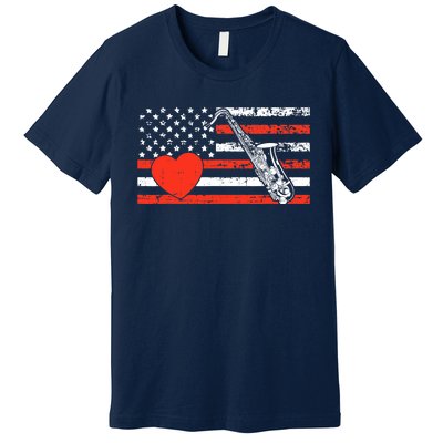 Saxophone American Flag Heart Valentines Day Cool Musician Premium T-Shirt