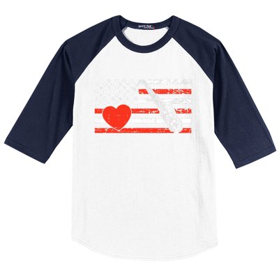 Saxophone American Flag Heart Valentines Day Cool Musician Baseball Sleeve Shirt