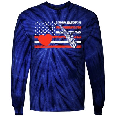 Saxophone American Flag Heart Valentines Day Cool Musician Tie-Dye Long Sleeve Shirt