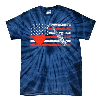 Saxophone American Flag Heart Valentines Day Cool Musician Tie-Dye T-Shirt