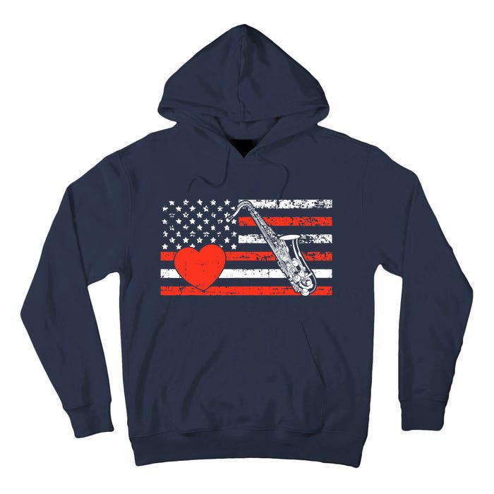 Saxophone American Flag Heart Valentines Day Cool Musician Tall Hoodie