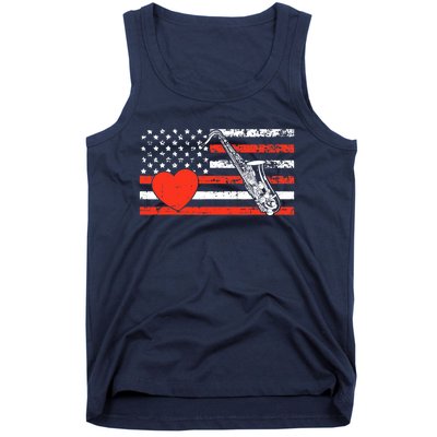 Saxophone American Flag Heart Valentines Day Cool Musician Tank Top