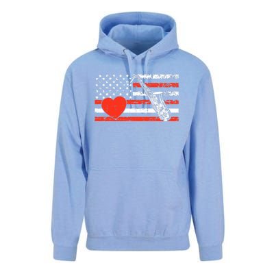 Saxophone American Flag Heart Valentines Day Cool Musician Unisex Surf Hoodie