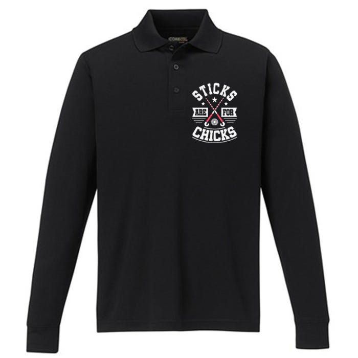 Sticks Are For Chicks Field Hockey Player Hockey Fan Performance Long Sleeve Polo