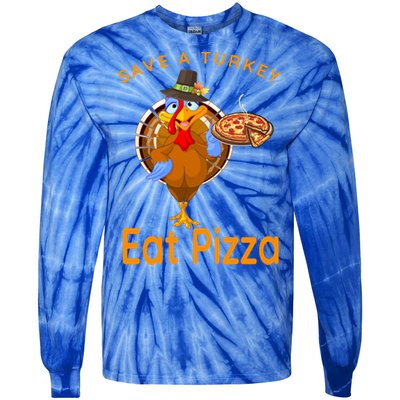 Save A Funny Turkey Pilgrim Eat Pizza Adult Vegan Gift Tie-Dye Long Sleeve Shirt