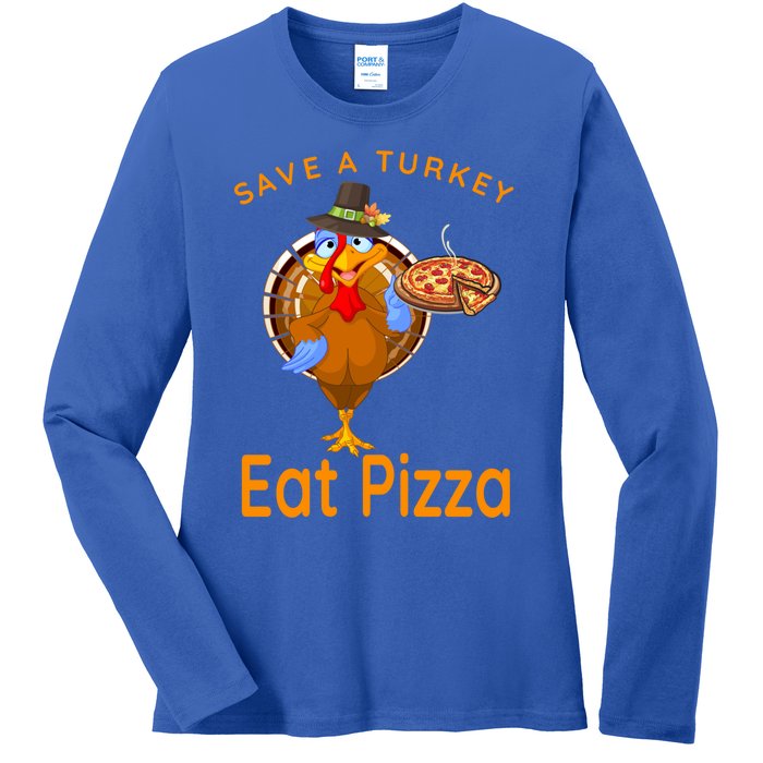 Save A Funny Turkey Pilgrim Eat Pizza Adult Vegan Gift Ladies Long Sleeve Shirt