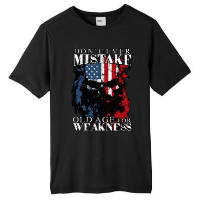 Skull American Flag Dont Ever Mistake Old Age For Weakness Tall Fusion ChromaSoft Performance T-Shirt