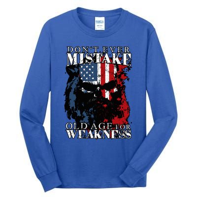 Skull American Flag Dont Ever Mistake Old Age For Weakness Tall Long Sleeve T-Shirt