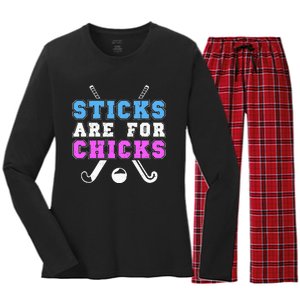 Sticks Are For Chicks Funny Field Hockey Player Women's Long Sleeve Flannel Pajama Set 