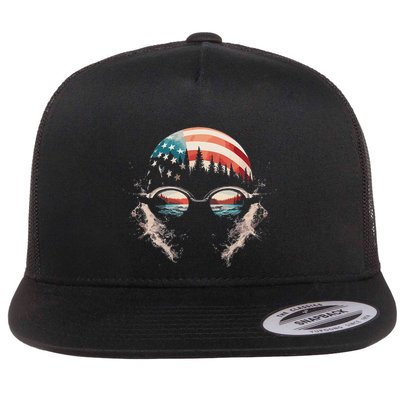 Swimmer American Flag Patriotic Usa Swim Team Swimming Flatbill Hat