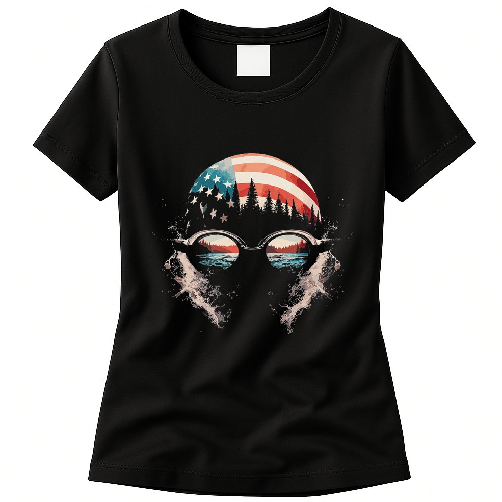 Swimmer American Flag Patriotic Usa Swim Team Swimming Womens T-Shirt