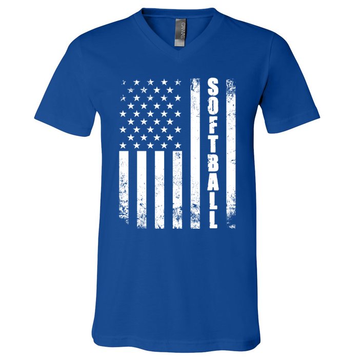 Softball American Flag Usa Sport Patriotic Softball Player Funny Gift V-Neck T-Shirt